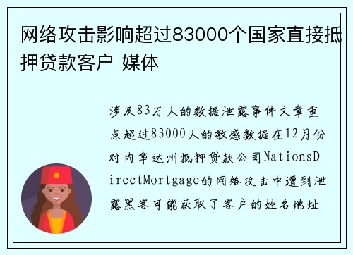 网络攻击影响超过83000个国家直接抵押贷款客户 媒体